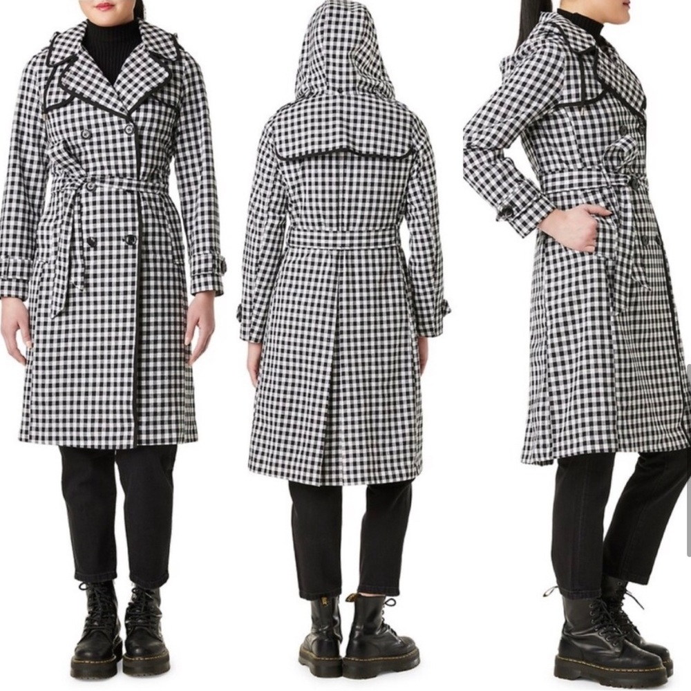 Kate Spade Black and White Gingham Checkered Trench Coat with Detachable Hood - Picture 7 of 7